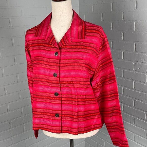Chic's Shacket Women 1 Medium 8 Pink Red Green Woven Shirt Boho‎ Casual USA VTG - Picture 1 of 11